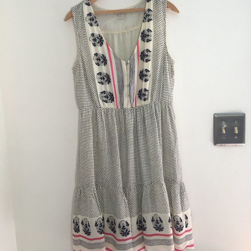 Lucky sleeveless peasant dress, size M, cream with navy polk-a-dots